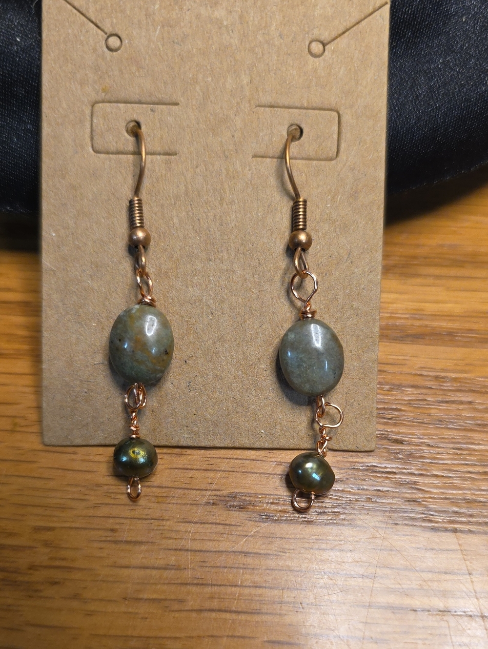 Handcrafted Green Stone And Fresh Water Pearl On Copper